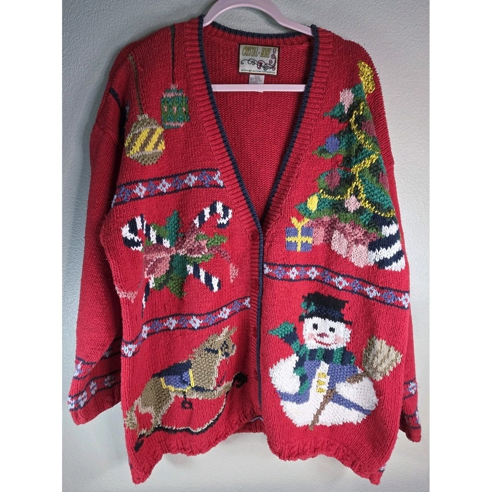Vintage Crystal‎ Kobe Christmas Sweater Cardigan 22W Plus Size Snowman Tree Ugly